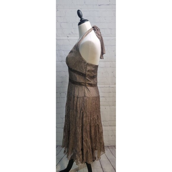 Vintage Cache Womens Halter Dress Size 10 Bronze Metallic Crinkled Silk Beaded - Picture 5 of 10